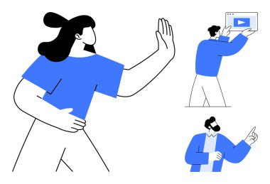 Etkileşime giren insanlar, biri bir eylemi reddeden, diğerleri bir ekranı gösteren ve işaret eden insanlar. Takım çalışması için ideal, uzaktan çalışma, iletişim, işbirliği, eğitim, teknoloji basit