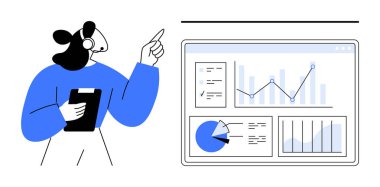 Kulaklık takan kadın grafik, grafik ve analizlerle veri paneline bakıyor. Takım çalışması, koçluk, analitik, iş stratejisi, danışmanlık, uzaktan iniş sayfası için ideal