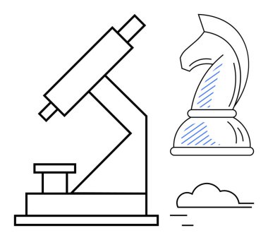 Mikroskop araştırma ve keşfin altını çizerken, satranç şövalyesi strateji ve öngörüyü temsil ediyor. Yenilik, eğitim, problem çözme, yaratıcılık, strateji, bilim analizi için ideal. Düz