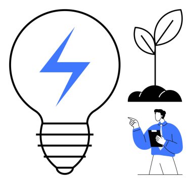 Yıldırımlı bir ampul, toprakta filizlenen bir fidan, elinde pano tutan ve işaret eden biri. Yenilik için ideal, sürdürülebilirlik, takım çalışması, iş dünyası, fikirler, teknoloji büyümesi için basit