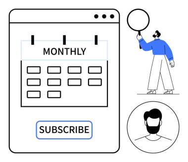 Takvim aylık olarak abonelik düğmesi, dairesel elemanı tutan figür ve avatarın yanına etiketlendi. Üyelik hizmeti, UI tasarımı, iş planlaması, ödeme modelleri, kullanıcı bağlılığı için ideal
