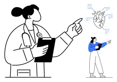 Doktor elinde not panosuyla dijital kalp ekranını işaret ediyor. Sağlık, kardiyoloji, eğitim, teknoloji, takım çalışması, tıbbi uygulamalar için ideal