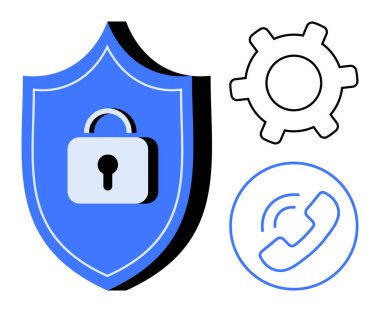 Kilitli mavi kalkan, vites simgesi ve güvenlik, ayarlar ve iletişim temalarını vurgulayan telefon sembolü. Gizlilik, güvenlik, teknoloji, yapılandırma bağlantı uygulaması arayüzü için ideal