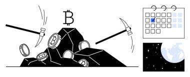 Kayalardan kripto para kazıyor, Bitcoin sembolü yukarıda, takvim kontrol listesi ve dünya haritası. Engelleme zinciri, kripto, dijital para birimi, yatırım, teknoloji sanal finansmanı için ideal