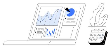 Bir takvim ve bitkinin yanında grafikleri, pasta grafiğini ve analitik gereçleri gösteren dizüstü bilgisayar. Veri analizi, iş stratejisi, üretkenlik, proje organizasyonu, teknoloji, iş akışı için ideal