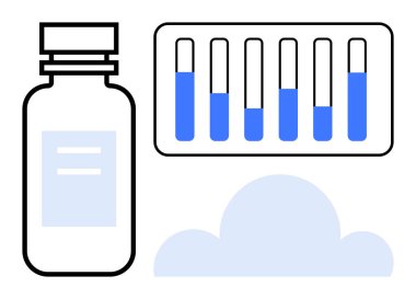İlaç şişesi, kısmen mavi sıvıyla doldurulmuş test tüpleri ve bulut şekli. Sağlık, biyoteknoloji, araştırma, ilaç, yenilik, veri depolama sade iniş için ideal