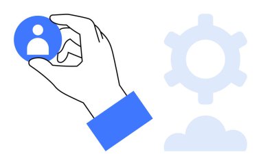 Şeffaf teçhizat ve bulut şekillerinin yanında mavi kullanıcı simgesini tutuyor. Kullanıcı seçimi, kişiselleştirme, teknoloji, takım çalışması, ayarlar, bulut hesaplama, otomasyon için ideal. Düz basit metafor