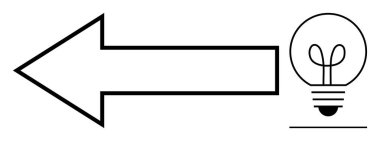 Sola bakan ok çizgi detaylarıyla bir ampulü gösteriyor, yönü ve yaratıcılığı temsil ediyor. İlham, karar verme, problem çözme, yenilik, takım çalışması, hedef belirleme için ideal