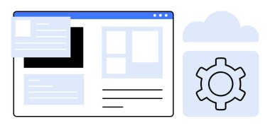 Dosyalar, belge önizlemesi, bulut simgesi ve dişli simgesi ile web tarayıcı arayüzü. Bulut hesaplama, web tasarımı, işbirliği, dosya yönetimi, veri depolama dijital çalışma alanı için ideal