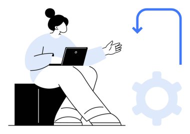 Dizüstü bilgisayarlı bir kadın soyut ok ve teçhizatın yanı sıra konuşmada jestler de yapıyor. Takım çalışması, iş akışı, teknoloji, iletişim, proje planlaması, otomasyon, yenilik için ideal. Düz basit metafor