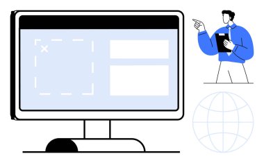 İçerik için iki bölümlü bir web sitesi prototipini gösteren bilgisayar ekranı. Elinde pano tutan kişi içerik planına işaret ediyor. Web geliştirme, UX tasarımı, eğitim, araştırma, dijital için ideal