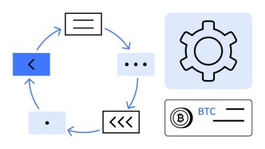 Oklarla dairesel engelleme zinciri akışı, dişli yanında kripto para birimi simgesi ve işlem detayları. Finans, kripto para birimi, engelleme zinciri, otomasyon, işlem akışı, fintech basit