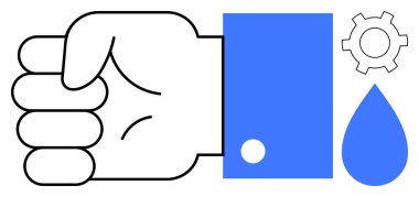 Su damlasının yanında mavi kollu ve vites, gücü, takım çalışmasını, yeniliği, sürdürülebilirliği, teknolojiyi, endüstriyi ve korunmayı simgeliyor. Şirket markaları ve farkındalık kampanyaları için ideal.