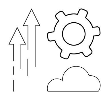 Yukarı doğru üç ok, bir dişli ve bir bulut büyümeyi, yeniliği, dijital dönüşümü ve verimliliği sembolize eder. İş için ideal, takım çalışması, teknoloji stratejisi geliştirme yeniliği