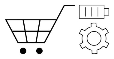 Alışveriş arabası tasarımı, e-ticaret, enerji verimliliği ve optimizasyonu vurgulayan pil ve vites grafikleriyle eşleştirildi. İş, teknoloji, enerji, alışveriş, otomasyon temaları ve basit