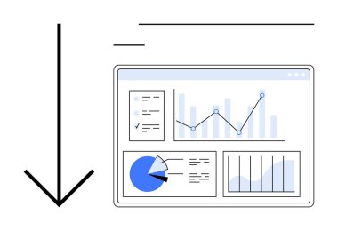 Grafikler, pasta grafiği ve çizgi çizelgesi içeren analitik çizelgeleri aşağıya doğru bir okla birleştiren ekran görüntüsü. Veri yönetimi, iş büyümesi, ilerleme izleme ve görselleştirme için ideal