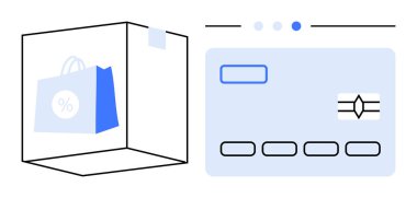 Paket kutusunda indirim tabelası olan bir alışveriş çantası ve çipi gösteren bir kredi kartı var. E-ticaret, ödeme çözümleri, çevrimiçi perakende, alışveriş uygulamaları, satış indirimleri, iş için ideal