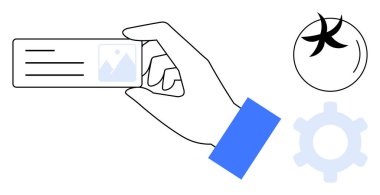 Elinde fotoğraf tutacağı olan bir kimlik kartı, ayarları ya da çözümleri sembolize eden bir dişli ve benzersizliği ya da yaratıcılığı temsil eden bir denizyıldızı ikonu var. Kimlik, yaratıcılık ve çalışma süreci için ideal