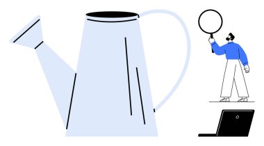 Büyüteç ve küçük bir dizüstü bilgisayarı inceleyen birinin yanında dev bir sulama kutusu. Büyüme, araştırma, analiz, yenilik, sürdürülebilirlik, üretkenlik, basit iniş sayfası için ideal