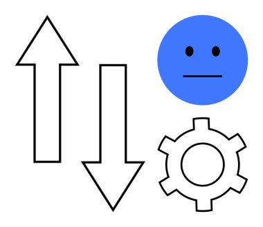 Mavi yüz yukarı ve aşağı doğru oklarla çevrili, duyguları, değişimi, yönü, verimliliği ve verimliliği simgeleyen bir dişli. İş akışı, süreç, etkileşim duygu değerlendirmesi için ideal