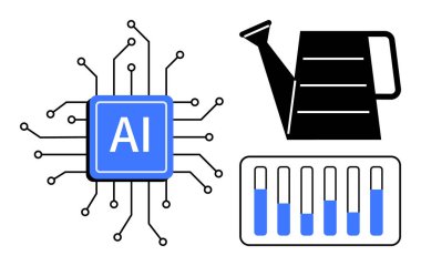 Düğümlere bağlı yapay zeka devre kartı, sulama büyümeyi sembolize edebilir, sıvılı test tüpleri. Teknoloji, yenilik, bilim, yapay zeka büyümesi, tarım, sürdürülebilirlik için ideal basit iniş sayfası