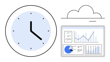 Çizgi grafikleri, pasta grafikleri ve bulut altındaki çubuk grafikleri olan bir ekranda veri görselleştirmesi ile birlikte analog saat. Üretkenlik, analiz, teknoloji, planlama, takım çalışması, büyüme stratejisi için ideal