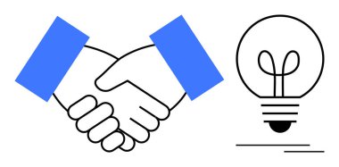 Anlaşmayı ya da ortaklığı sembolize eden tokalaşma ampulün yanında yaratıcılığı, yeniliği ya da parlak bir fikri simgeliyor. İş birliği, takım çalışması, yenilik ve sorun çözme için ideal