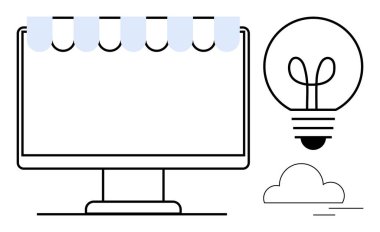 Online mağazaları sembolize eden tenteli bilgisayar monitörü, yenilik için ampul ve teknoloji için bulut. E-ticaret, yaratıcılık, iş, yenilik, teknoloji, dijital pazarlama için ideal