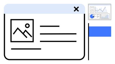 Resim önizlemesi, metin düzeni ve veri tablosu parçacığına sahip tarayıcı penceresi. Grafik tasarımı, veri sunumu, içerik paylaşımı, web sitesi geliştirme, UIUX kavramları, dijital strateji basit