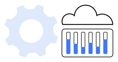 Veri ilerlemesini gösteren çubuklara bağlı vites ve bulut görselleri. Teknoloji, bulut depolama, optimizasyon, veri yönetimi, analitik, yazılım geliştirme, basit iniş sayfası için ideal