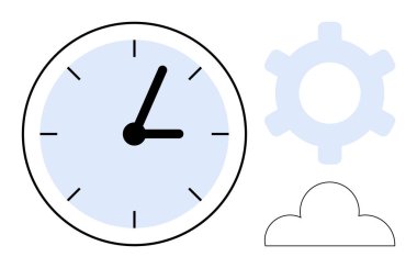 İşaretli bir saati, mavi dişlisi ve zamanı, süreci ve fikirleri temsil eden bulut çizgisi olan büyük bir saat. Program, verimlilik, verimlilik, yenilikçi bulut hizmetleri için ideal takım çalışması