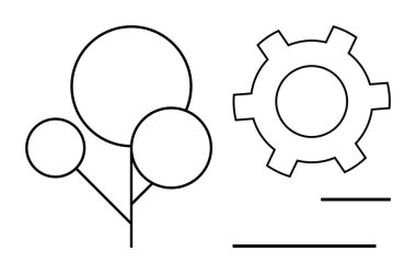 Minimalist ağaç silueti ve teçhizat boş çizgilerle birbirine bağlanmış. Yenilik için ideal, çevresel sürdürülebilirlik, büyüme, süreç, mekanik, yaratıcılık veya basit bir iniş sayfası