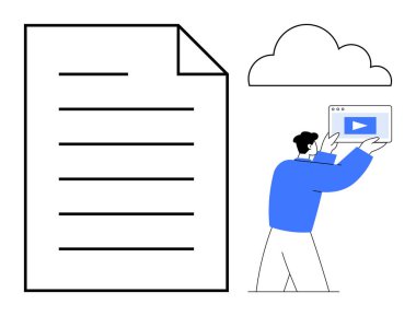 Büyük bir belgenin yanında video oynatıcı bulunan bir tablet tutan adam dijital depolama, dosya paylaşımı, çevrimiçi işbirliği, medya akışı, bulut hesaplama, veri yönetimi, basit