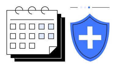 İşaretli tarihli takvim ve çapraz korumayı, takvimi, sağlık yönetimini sembolize eden tıbbi kalkan. Sağlık, sigorta, güvenlik, planlama, mühlet, risk yönetimi için ideal basit
