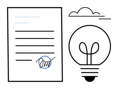 Yanan bir ampul ve bulutun yanında imzası olan bir sözleşme. Yenilik için ideal, yasal anlaşma, beyin fırtınası, strateji, iş büyümesi, yeni fikirler, düz basit metafor