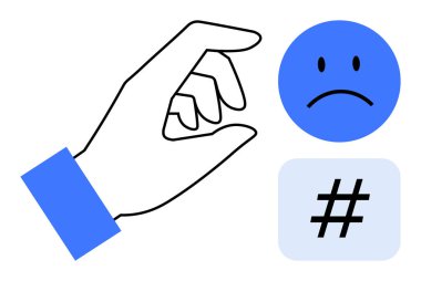 Mavi üzgün yüz sembolü ve meta veri etiketinin yanında el sıkışması. Olumsuzluk, sosyal medya etkisi, dijital eleştiri, iletişim, duygular, davranış analizi ve basit iniş sayfası için ideal