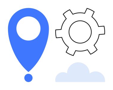 Mavi lokasyon iğnesi, çizilmiş vites simgesi ve açık mavi bulut elementi. Navigasyon, teknoloji, işlemler, bulut hesaplama, veri entegrasyonu, uygulama tasarımı ve basit bir iniş sayfası için ideal