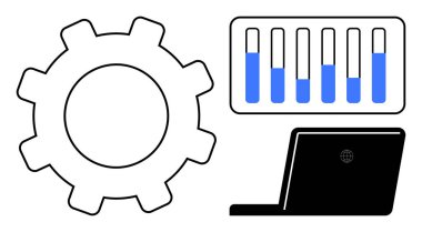 Dişlileri sembolize etme süreci, teknoloji için dizüstü bilgisayar, performans gösteren analitik çizelge. Yenilik, ilerleme, otomasyon, üretkenlik, iş akışı, teknolojik çözümler için ideal basit iniş sayfası