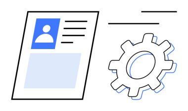 Hesap yönetimini, kişiselleştirmeyi, sistem ayarlarını ve optimizasyonu sembolize eden bir dişli simgesinin yanındaki kullanıcı profili kartı. Kullanıcı arayüzü, yönetim, teknoloji, üretkenlik için ideal
