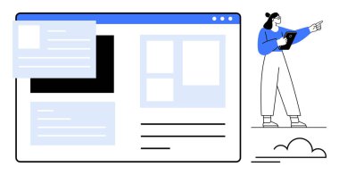 Tablet tutan bir tasarımcının bulunduğu tel çerçeve web sayfası, tasarım elemanları ve içerik bloklarını vurguluyor. Web geliştirme, UX tasarımı, yaratıcılık, takım çalışması, prototip, yenilik, basit