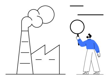 Fabrika bacasından çıkan dumanı elinde büyüteç tutan kişi gözlem ve analizi sembolize ediyor. Sürdürülebilirlik, çevre, araştırma, sanayi, kirlilik ve savunuculuk için ideal