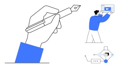 Yaratıcılığı sembolize eden bir el, içeriği sunan bir kişi ve fikirleri birbirine bağlayan bir diyagram. Yaratıcılık, yazma, planlama, eğitim, işbirliği, yenilik için ideal basit bir iniş sayfası