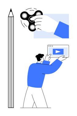Video gösteren dijital tablet tutan kişi, büyük kalem yaratıcılığı sembolize eder. Kıpır kıpır dönen ise odaklanmayı simgeler. Üretkenlik, yaratıcılık, eğitim, dijital içerik, kişisel büyüme, öğrenim için ideal