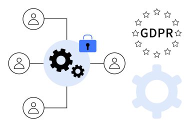 Birbirine bağlı kullanıcılar, vitesler, mavi kilit simgesi, GDPR yıldızları veri koruması, uyum ve mahremiyeti vurguluyor. Güvenlik, yönetmelikler, yönetim kullanıcı mahremiyeti dijital güvenlik ağı dairesi için ideal