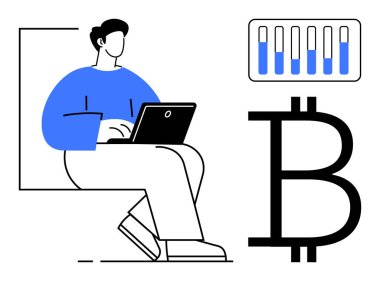 Bilgisayarda çalışan kişi, büyük Bitcoin işareti ve veriyi temsil eden bar tablosu. Kripto para birimi, engelleme zinciri, ticaret, finans, yatırım, teknoloji veya basit bir iniş sayfası için ideal