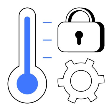 Mavi seviyeli termometre, güvenlik kilidi ve ayarlar için teçhizat. Güvenlik, kontrol, gizlilik, mühendislik, izleme, iklim yönetimi ve basit iniş sayfası için ideal