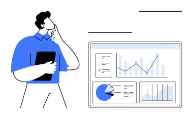 Elinde tablet tutan kişi, çizelge çizelgesi, pasta çizelgesi ve bar çizelgesinin olduğu dijital gösterge panelini incelikle inceliyor. İş analizi, strateji, veri görselleştirme, teknoloji, araştırma için ideal