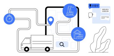 Konum kodu, kronometre, depo ve fabrika ikonları ve büyüteçle haritalı bir güzergahta teslimat kamyonu. Lojistik, tedarik zinciri, verimlilik, planlama, sevkiyat verimliliği için ideal