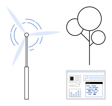 Rüzgar türbini enerji üretiyor doğayı sembolize eden minimalist ağaç ve analitik arayüz ekranı. Sürdürülebilirlik, teknoloji, temiz enerji, çevre, dijital yenilik, yenilenebilir enerji için ideal