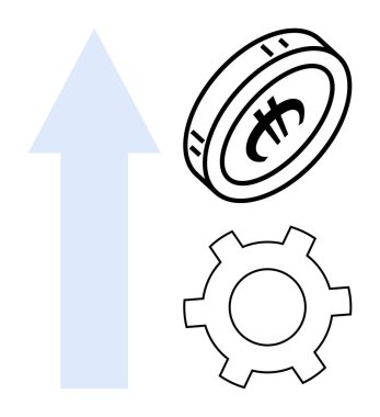 Yukarı doğru ok, üretkenlik için vites ve finansal odak için para ile birlikte büyümeyi sembolize ediyor. İş stratejisi, finans, ekonomi, yatırımlar, yenilik, ilerleme, basit iniş için ideal